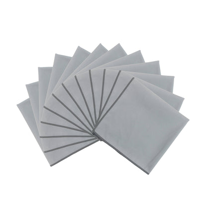 A fan arrangement of light gray square suede cloths on a plain white background.