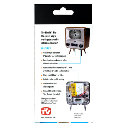 Package of TinyTV 2 with product details and features on a white background