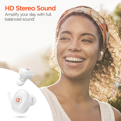 Woman wearing wireless earbuds with 'HD Stereo Sound' text overlay