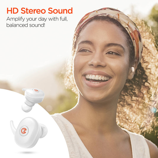 Woman wearing wireless earbuds with 'HD Stereo Sound' text overlay