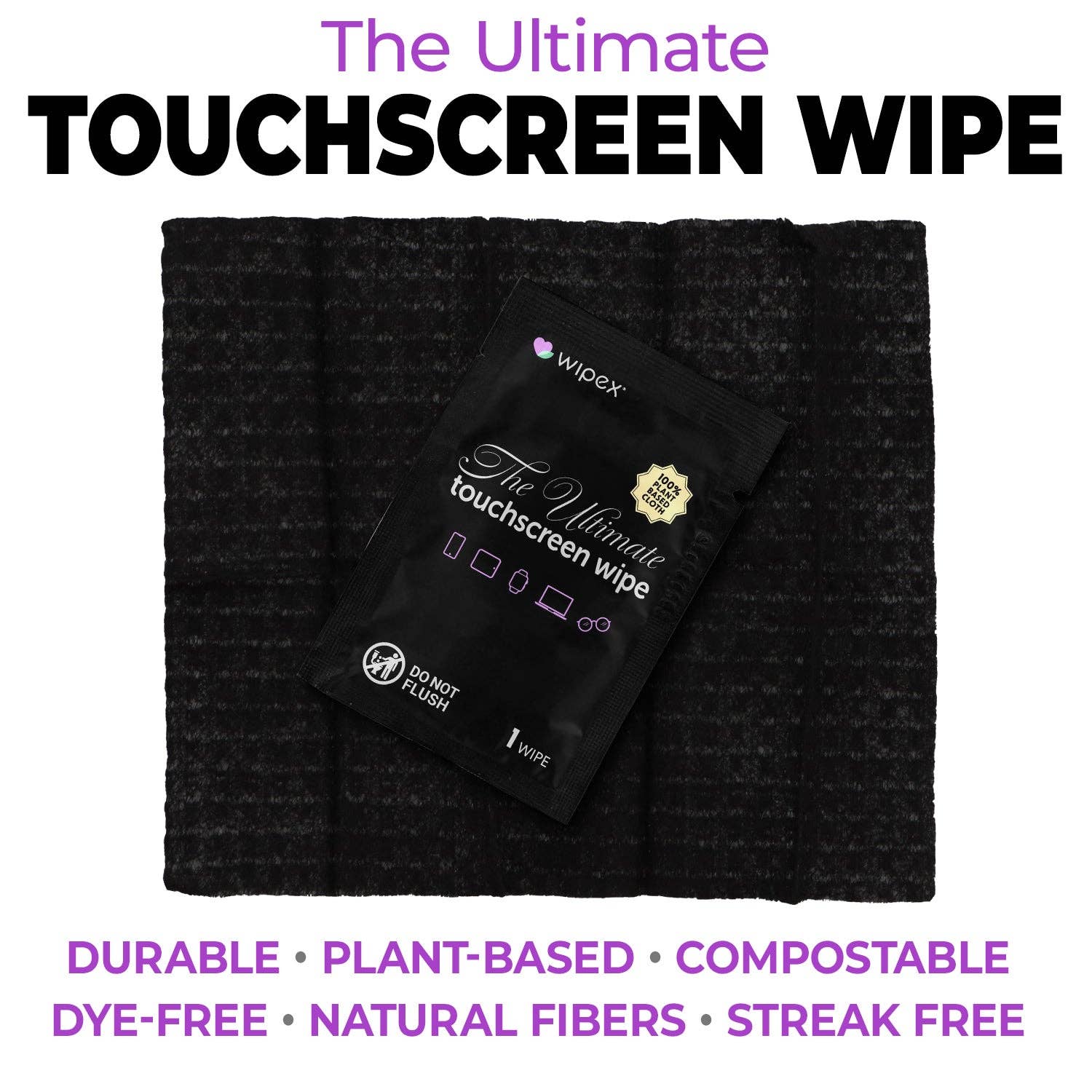 Touchscreen wipe packaging on a textured black surface with promotional text.