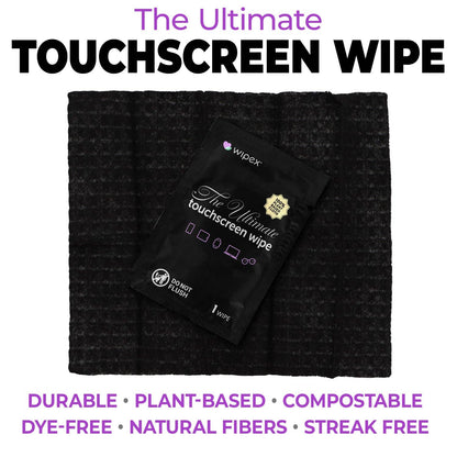 Touchscreen wipe packaging on a textured black surface with promotional text.