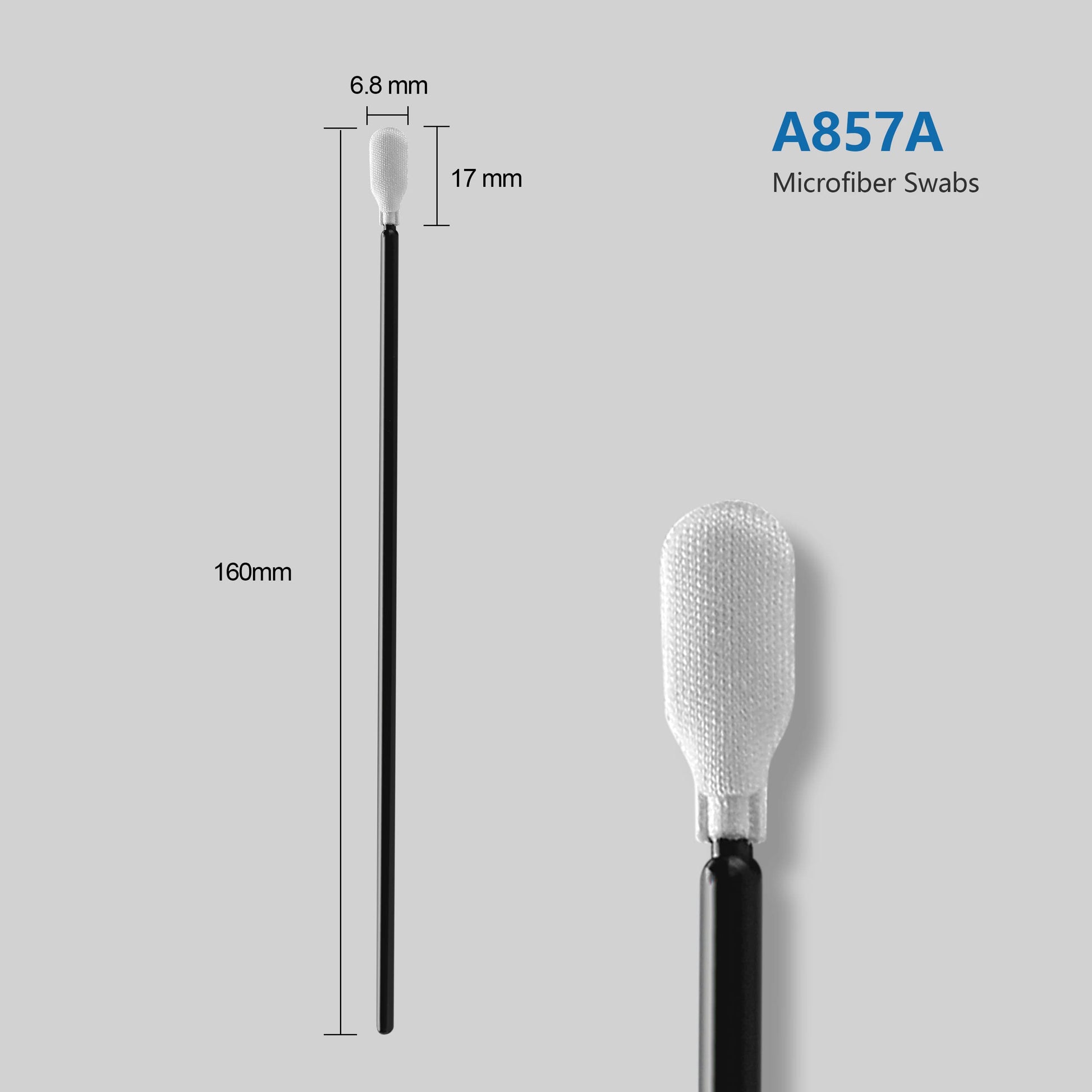 Microfiber swab with a black handle and white textured head, shown on a light gray background with dimension labels (6.8 mm, 17 mm, 160 mm) and the text 'A857A Microfiber Swabs'.