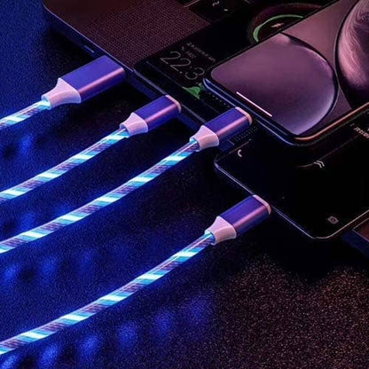 All In One Flowing Current Light Up Charging Cable for USB-C Lightning and Micro USB Devices
