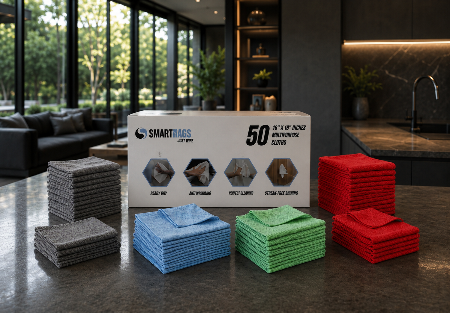 Box of SMARTMAGS cleaning cloths with blue, green, and red cloths on a counter.