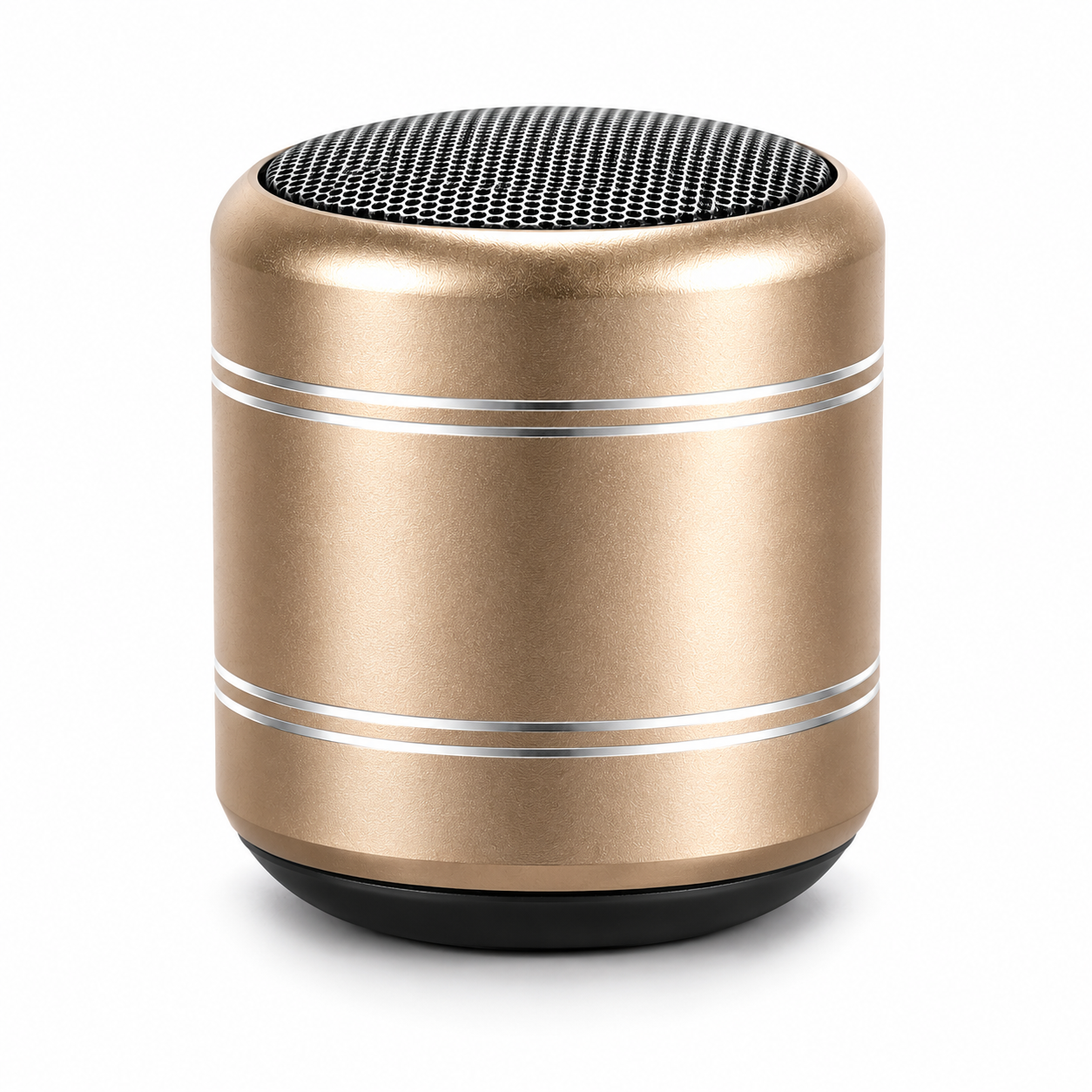 A portable cylindrical Bluetooth speaker with a metallic rose gold body, silver accent stripes, a black mesh grille on top, and a black base, shown on a white background.