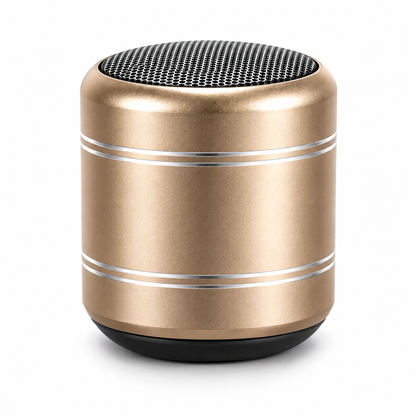 A portable cylindrical Bluetooth speaker with a metallic rose gold body, silver accent stripes, a black mesh grille on top, and a black base, shown on a white background.