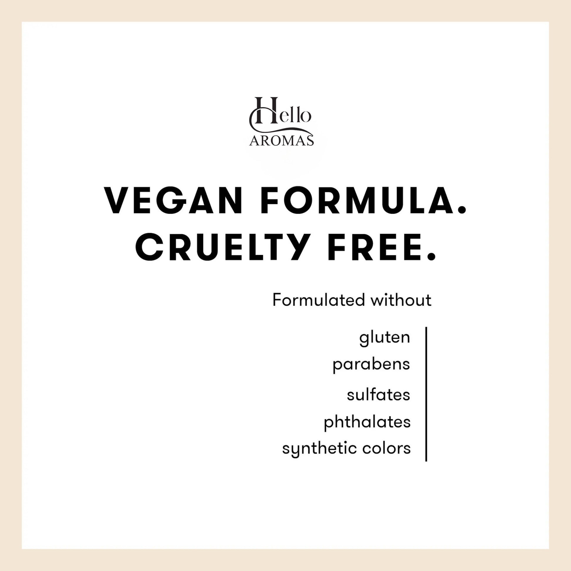 Product label for 'Hello Aromas' with vegan and cruelty-free information on a white background.