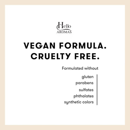 Product label for 'Hello Aromas' with vegan and cruelty-free information on a white background.