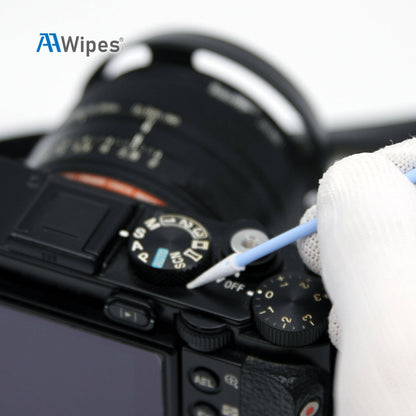 Camera lens being cleaned with a cloth and swab, with 'AA Wipes' logo.