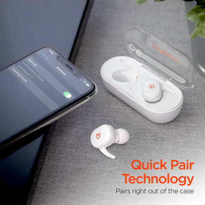 Wireless earbuds with charging case on a table next to a smartphone, highlighting 'Quick Pair Technology'.
