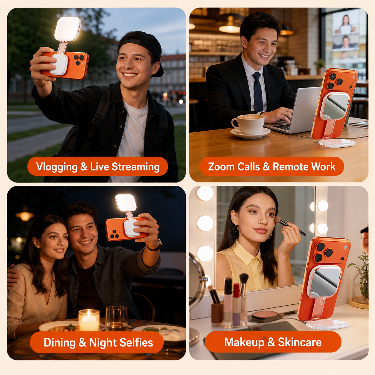 A four-panel promotional collage showing an orange phone light stand with a built-in mirror in use by people for vlogging, live streaming, remote work, and makeup application. Each panel includes an orange label with text such as 'Vlogging & Live Streaming,' 'Zoom Calls & Remote Work,' 'Dining & Night Selfies,' and 'Makeup & Skincare.