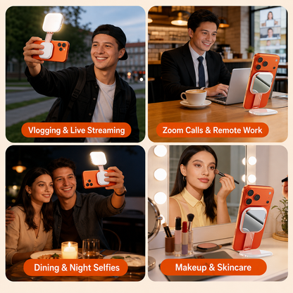 A four-panel promotional collage showing an orange phone light stand with a built-in mirror in use by people for vlogging, live streaming, remote work, and makeup application. Each panel includes an orange label with text such as 'Vlogging & Live Streaming,' 'Zoom Calls & Remote Work,' 'Dining & Night Selfies,' and 'Makeup & Skincare.