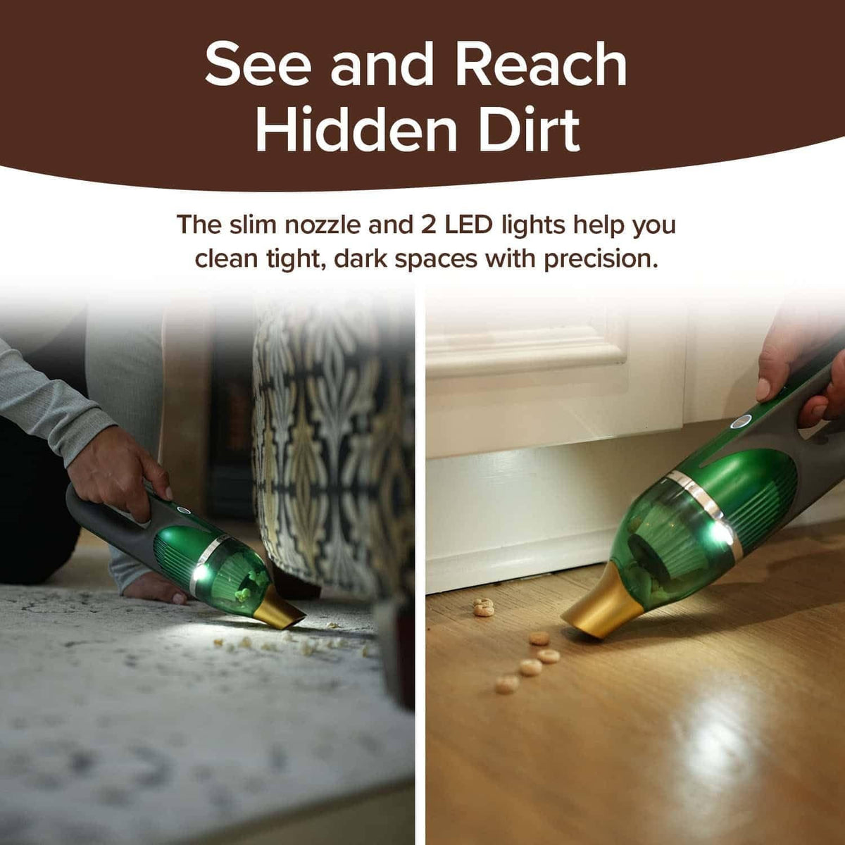 Horsepower Duck Quack Attack vacuum graphic showing 2 LED lights for cleaning dark spaces.