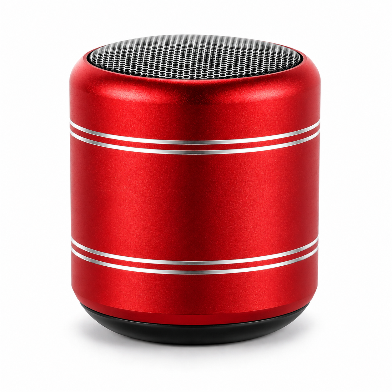 A red portable Bluetooth speaker with a metallic finish, featuring two thin silver stripes on the side and a black mesh grille on top, set against a plain white background.