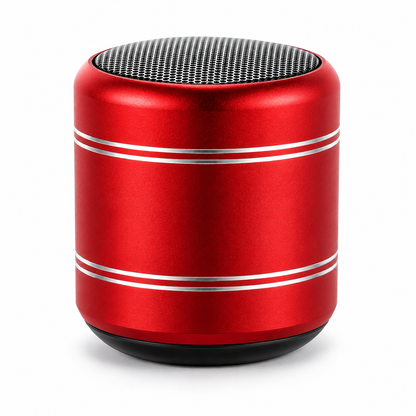 A red portable Bluetooth speaker with a metallic finish, featuring two thin silver stripes on the side and a black mesh grille on top, set against a plain white background.