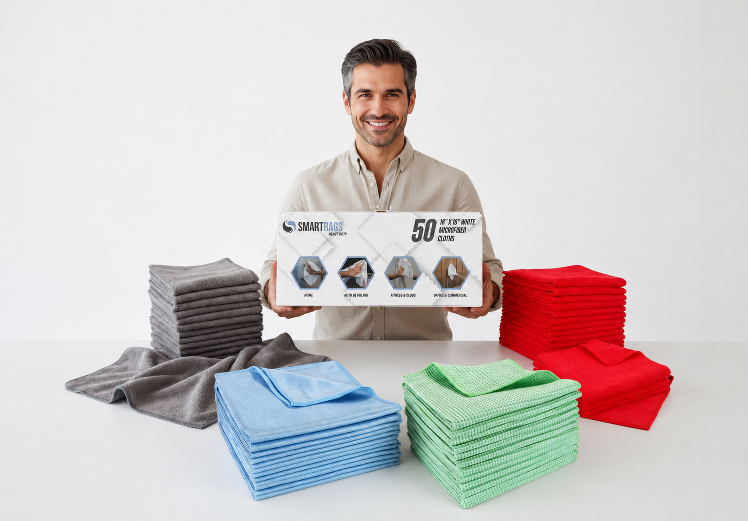 Man holding a box of microfiber cloths with various colored cloths displayed on a table.