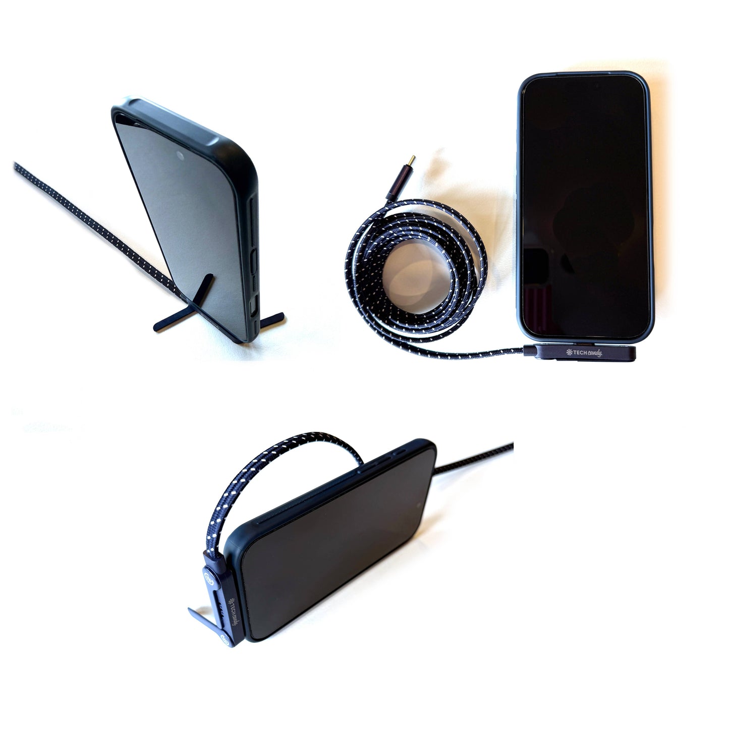 USB-C charging cable with stand plugged into a phone demonstrating different positions on a white background