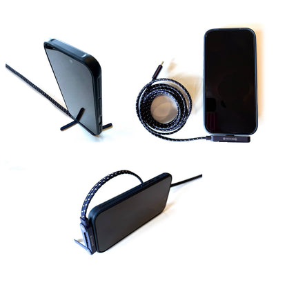 USB-C charging cable with stand plugged into a phone demonstrating different positions on a white background