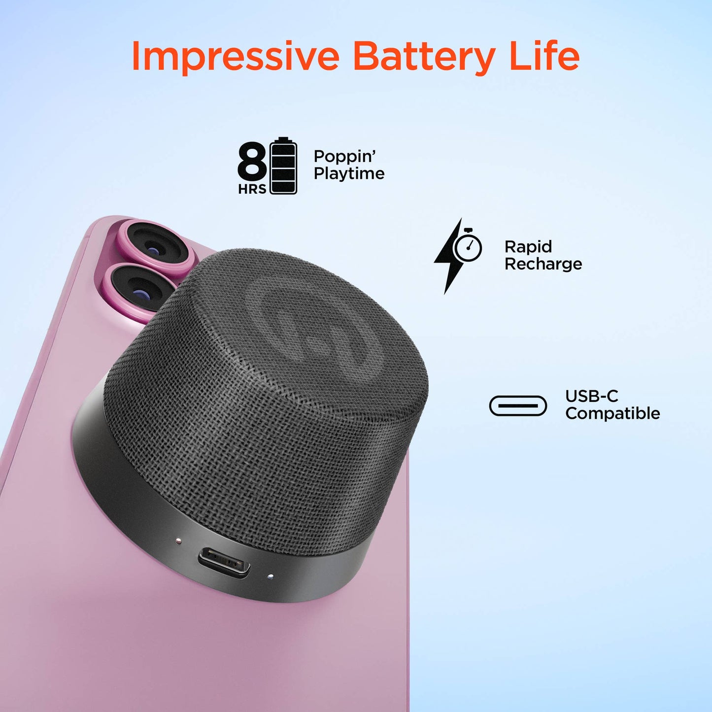 Black speaker on a pink phone with battery life and charging information on a light blue background
