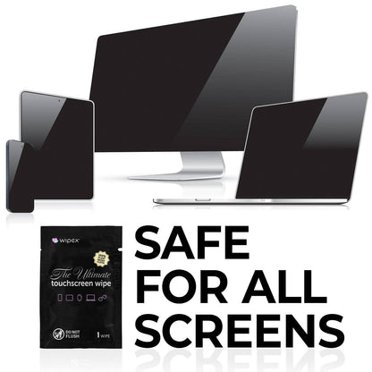 Packaging of Wipex touchscreen wipes with electronic devices on a white background