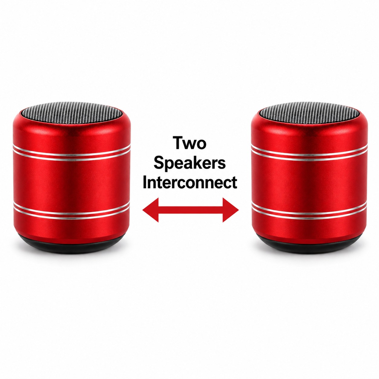 Two red cylindrical portable speakers with silver stripes and black mesh tops, shown on a white background with a red double arrow and text reading 'Two Speakers Interconnect'.