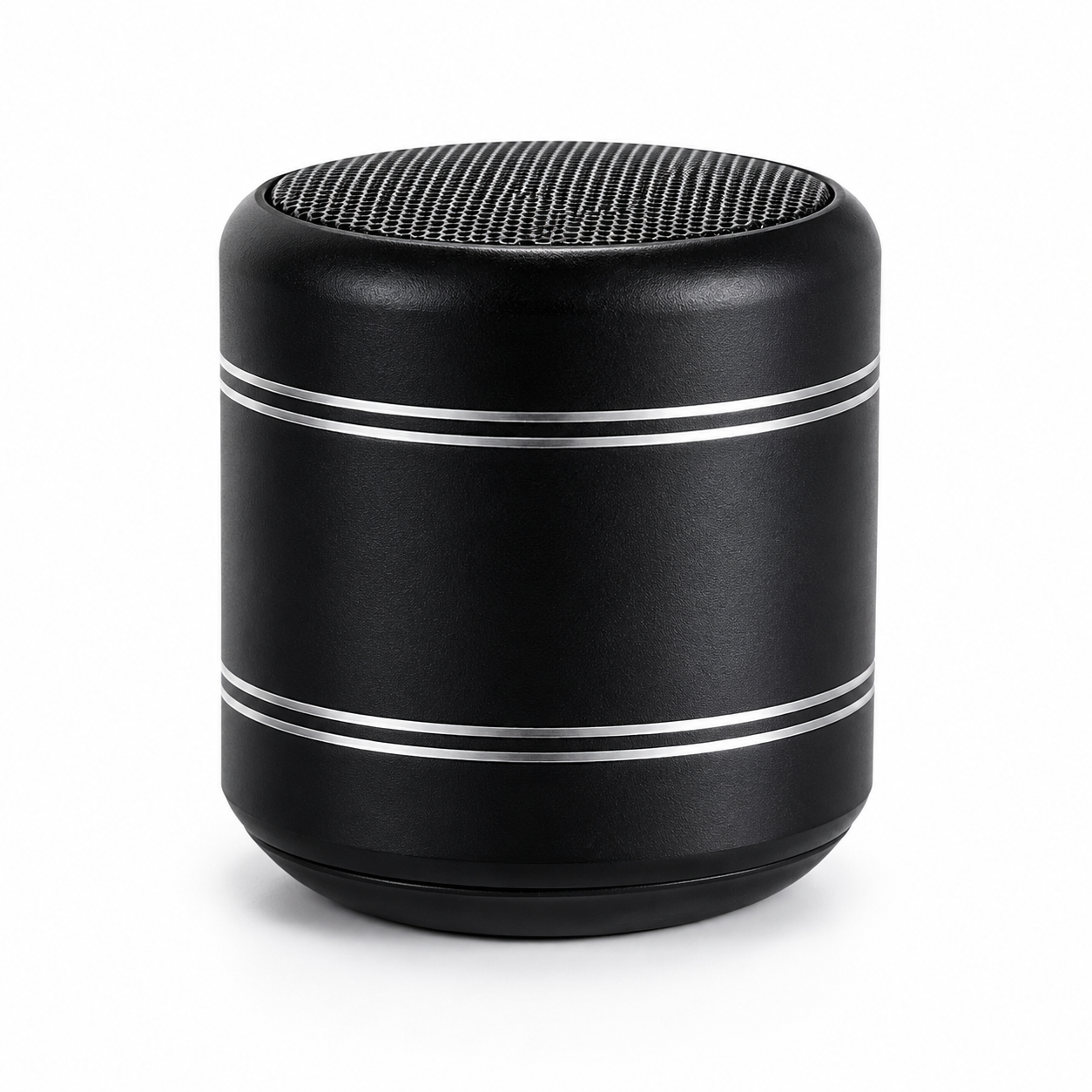 A black cylindrical portable speaker with a textured top grille and two thin silver metallic rings on the side, shown against a plain white background.