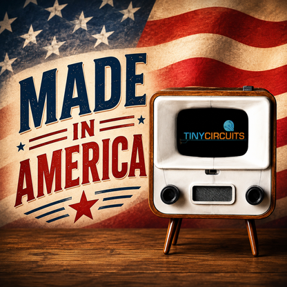 A vintage-style small television set with a cream face, wood trim, and wooden legs stands on a wooden surface in front of a distressed American flag background. Large text reads “MADE IN AMERICA,” and the screen shows the Tiny Circuits logo.