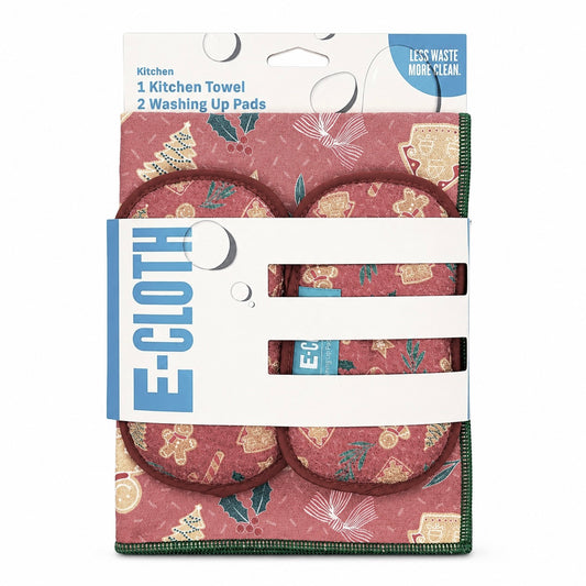 E-Cloth kitchen towel and two washing up pads in a retail package, featuring a festive gingerbread man pattern in muted red, green, and beige tones.