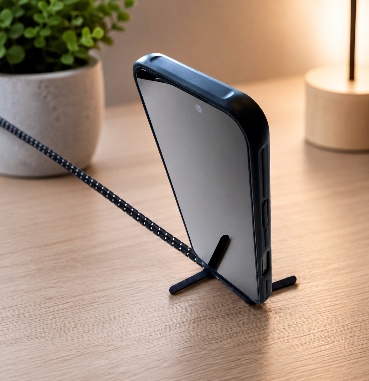 blue and white usb-c charging cable with stand plugged into a phone sitting up in vertical position 