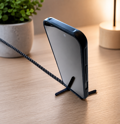 blue and white usb-c charging cable with stand plugged into a phone sitting up in vertical position 