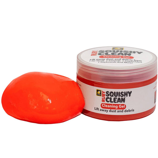 A tub of Squishy Clean Cleaning Gel with a bright orange gel blob placed in front of it on a plain white background.