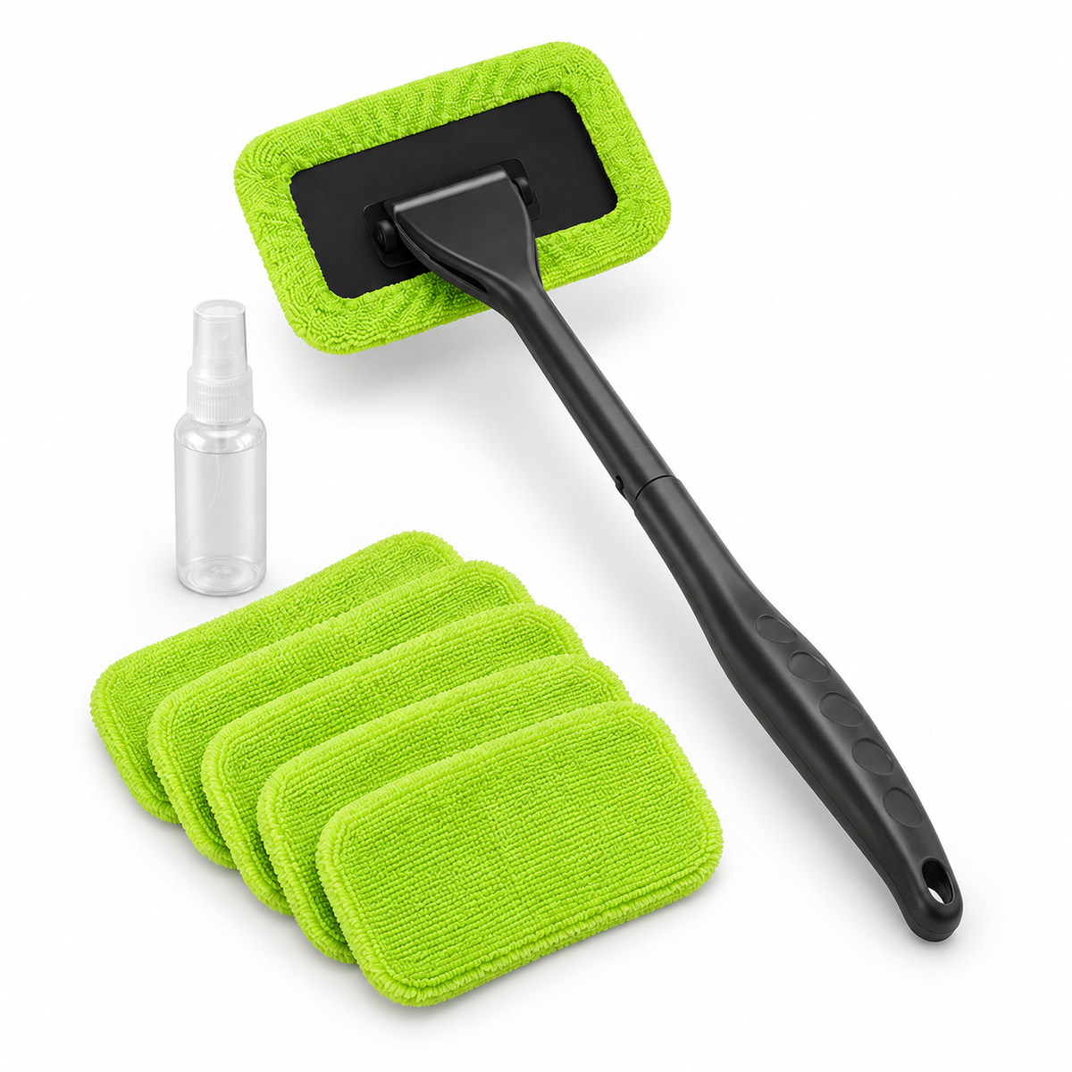 A car wash cleaning pad set with a long-handled green microfiber pad, five matching microfiber pads, and a small clear spray bottle on a white background.