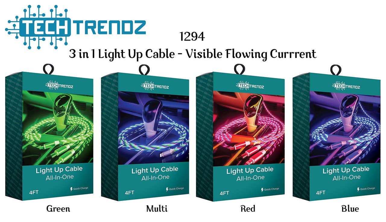 Four boxes of TechTrendz light-up cables in green, multi, red, and blue on a white background.