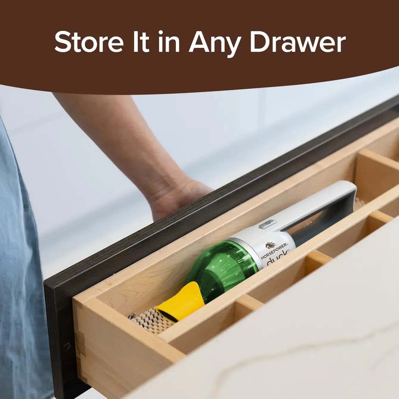 Wooden drawer organizer with bottles inside, labeled 'Store It in Any Drawer'.