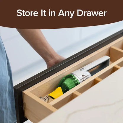 Wooden drawer organizer with bottles inside, labeled 'Store It in Any Drawer'.