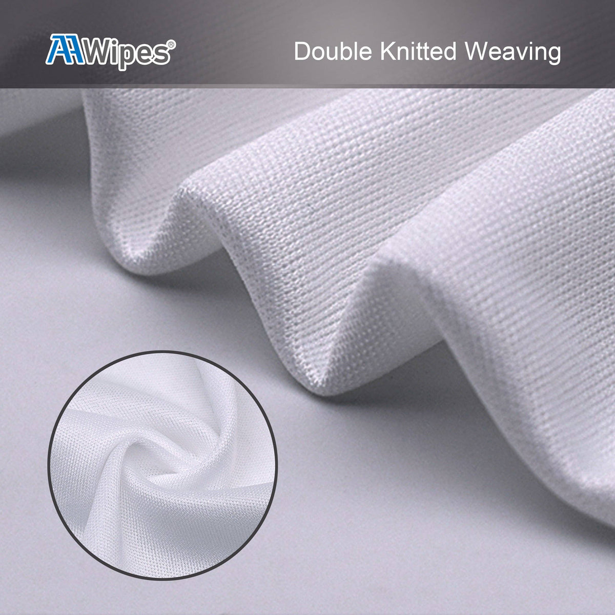 White double knitted fabric shown draped with a circular inset highlighting the knit texture, under a dark gray banner with the text 'AAWipes' and 'Double Knitted Weaving'.