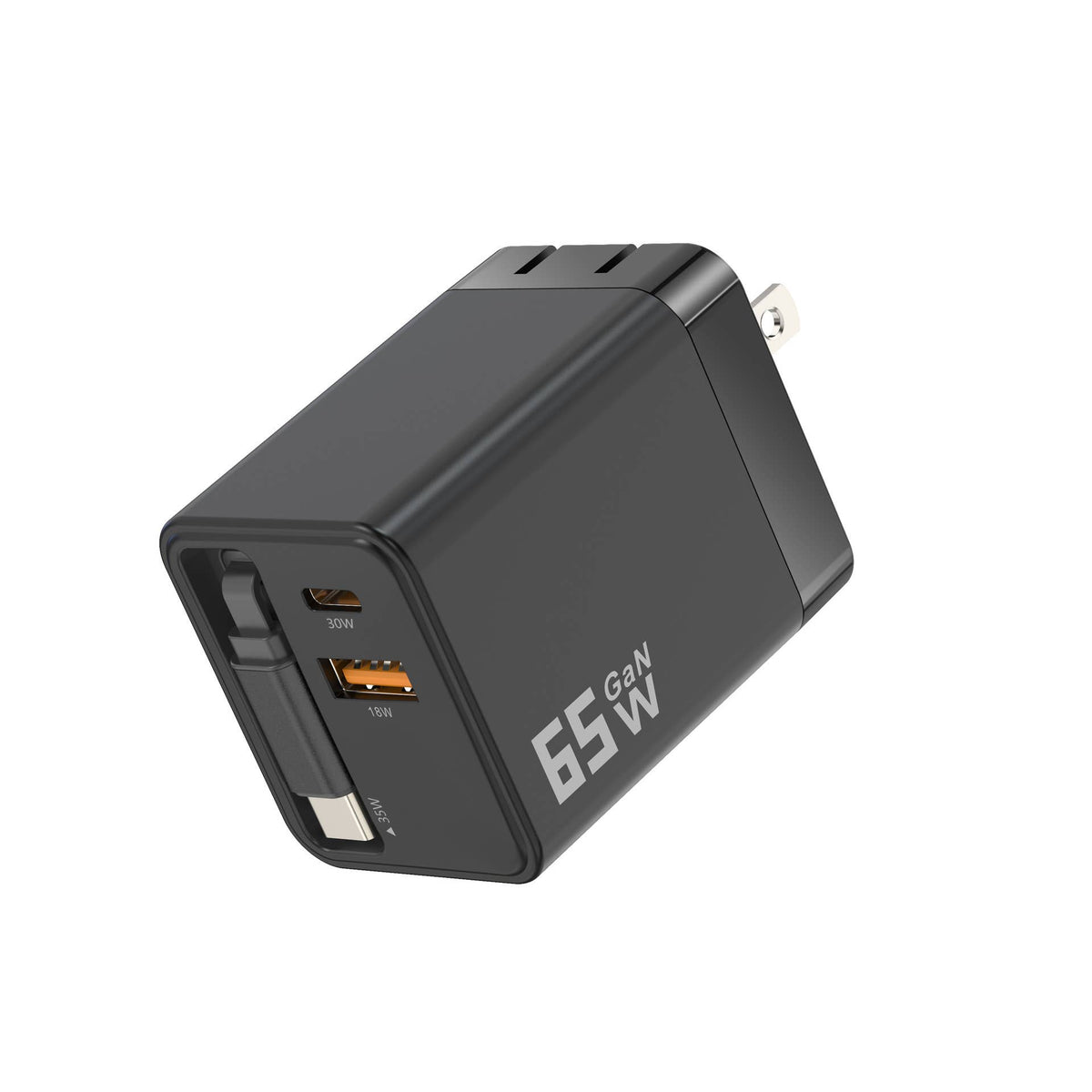 TechTrendz 65W 3-in-1 Retractable USB-C Wall Charger in black.