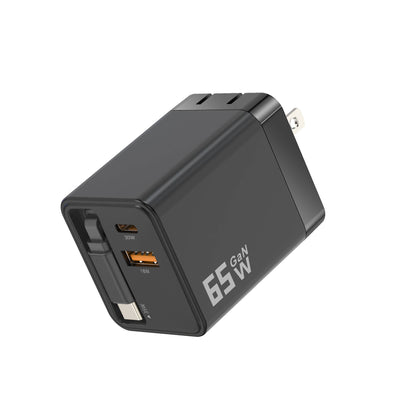 TechTrendz 65W 3-in-1 Retractable USB-C Wall Charger in black.