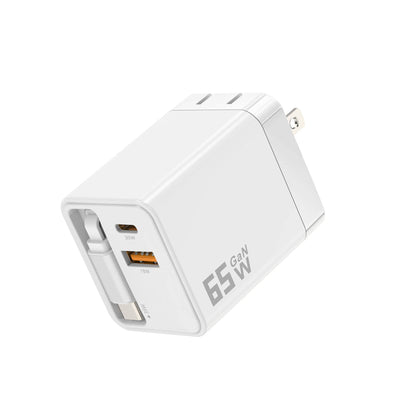 TechTrendz 65W 3-in-1 Retractable USB-C Wall Charger in white.