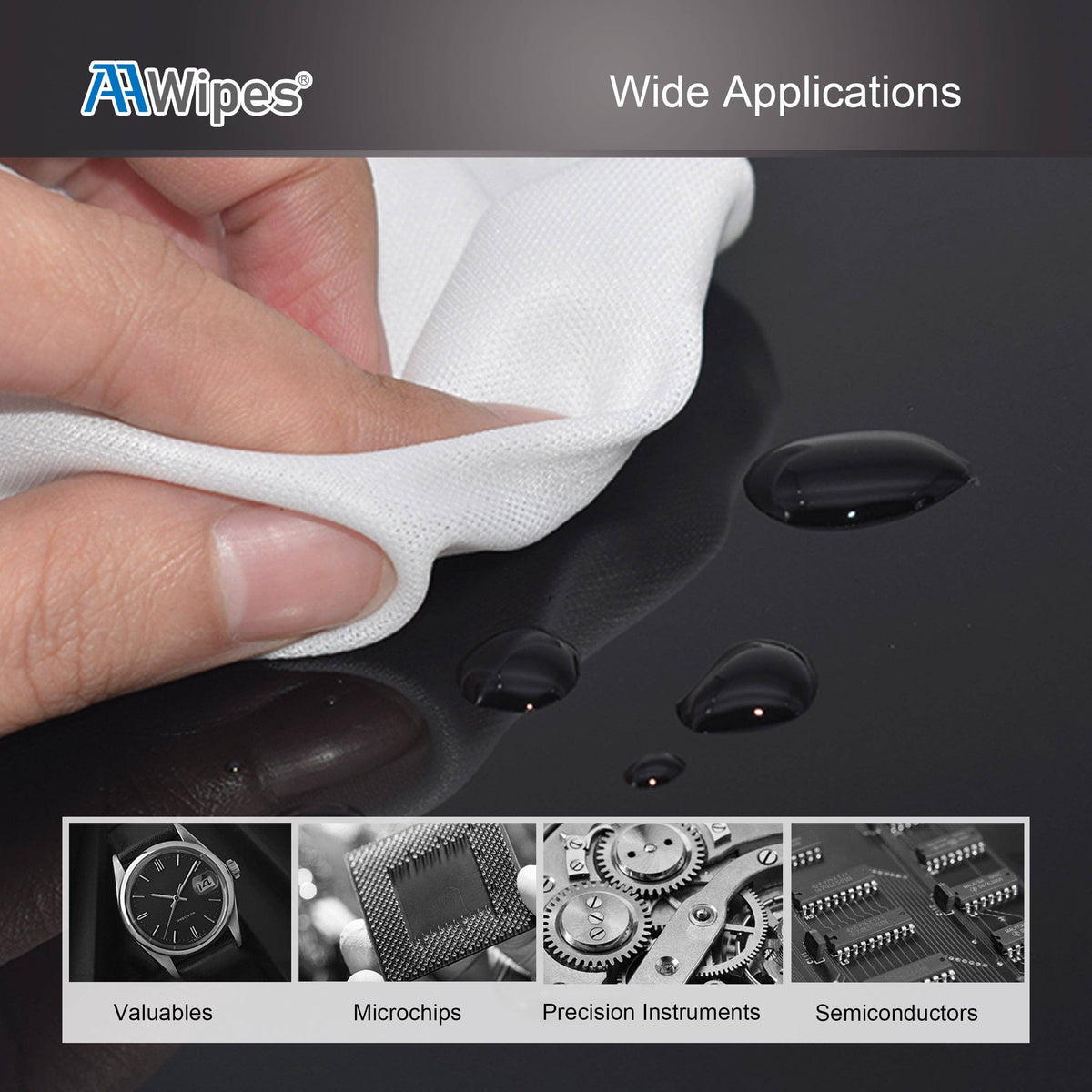 Hand using a white wipe to clean a dark surface, with 'AIWipes' branding and text about wide applications.