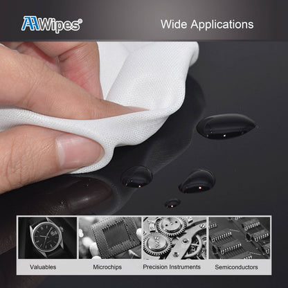 Hand using a white wipe to clean a dark surface, with 'AIWipes' branding and text about wide applications.
