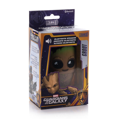 Marvel Guardians of the Galaxy Groot Bitty Boomer mini wireless Bluetooth speaker with collectible Groot character design in retail packaging.