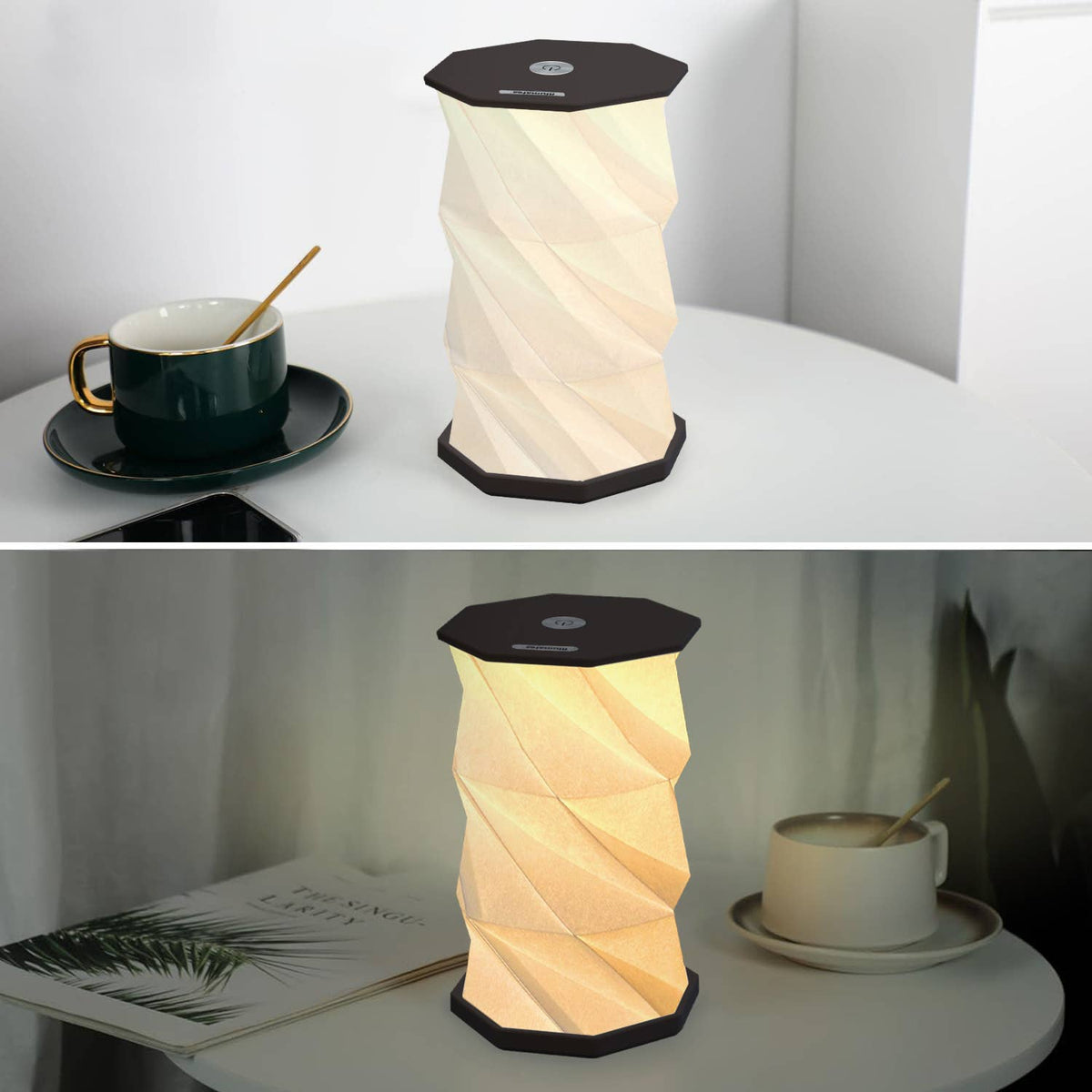 Twisted lamp on a table with a cup and saucer in the background