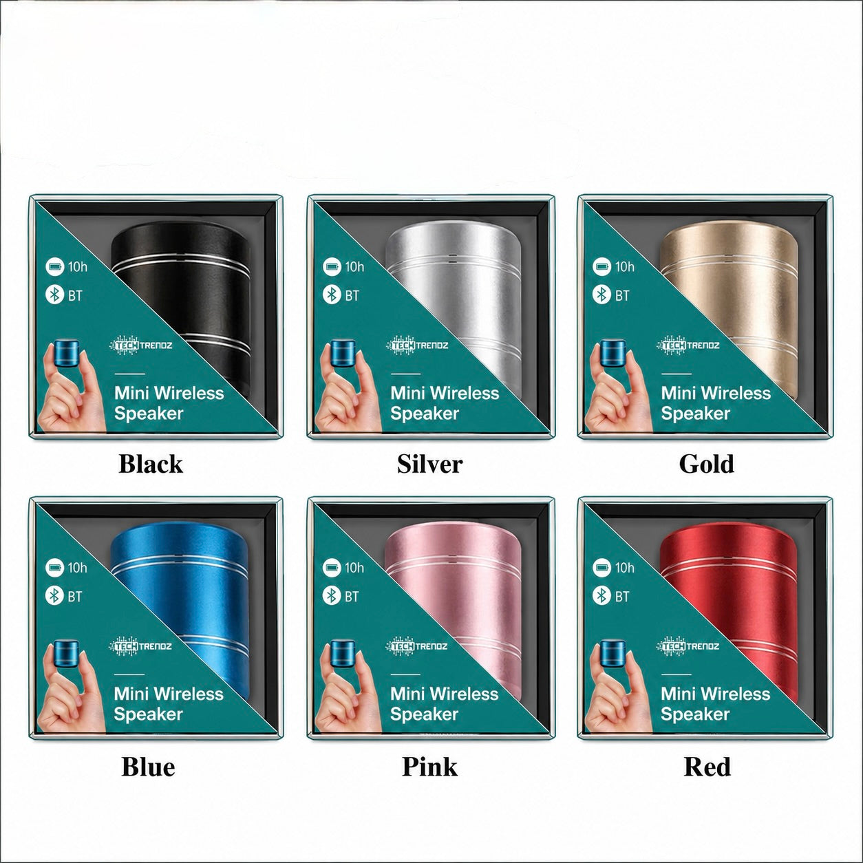 Six mini wireless speakers in different colors (Black, Silver, Gold, Blue, Pink, Red) shown in their retail packaging boxes on a white background.