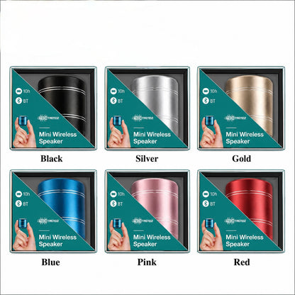 Six mini wireless speakers in different colors (Black, Silver, Gold, Blue, Pink, Red) shown in their retail packaging boxes on a white background.