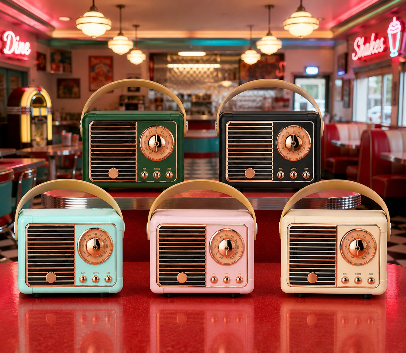 Collection of vintage-style radios in a retro diner setting