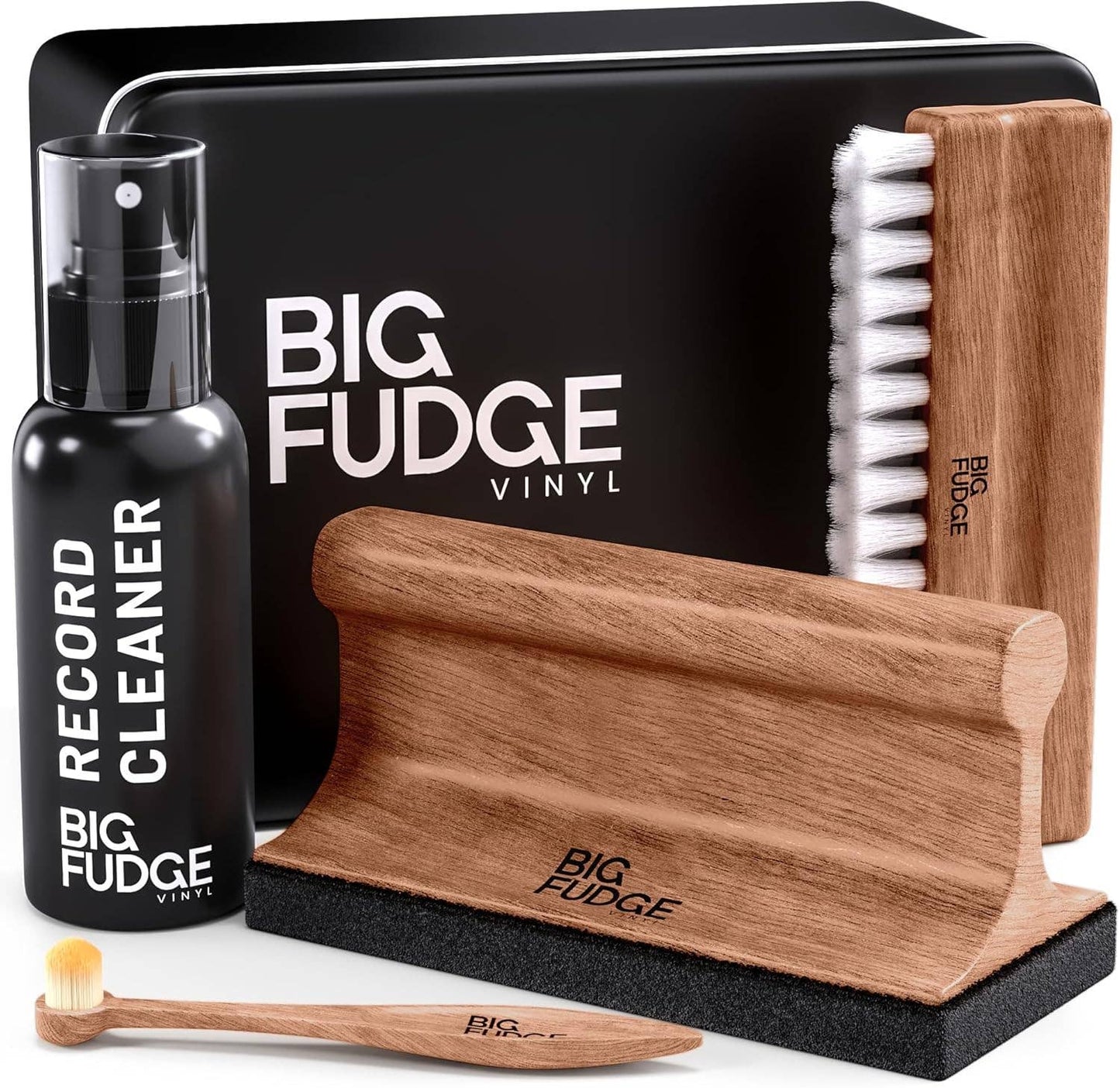 Big Fudge vinyl cleaning kit with record cleaner, brush, and polishing block on a white background