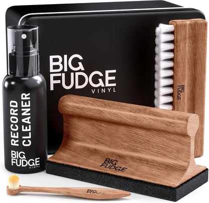 Big Fudge vinyl cleaning kit with record cleaner, brush, and polishing block on a white background