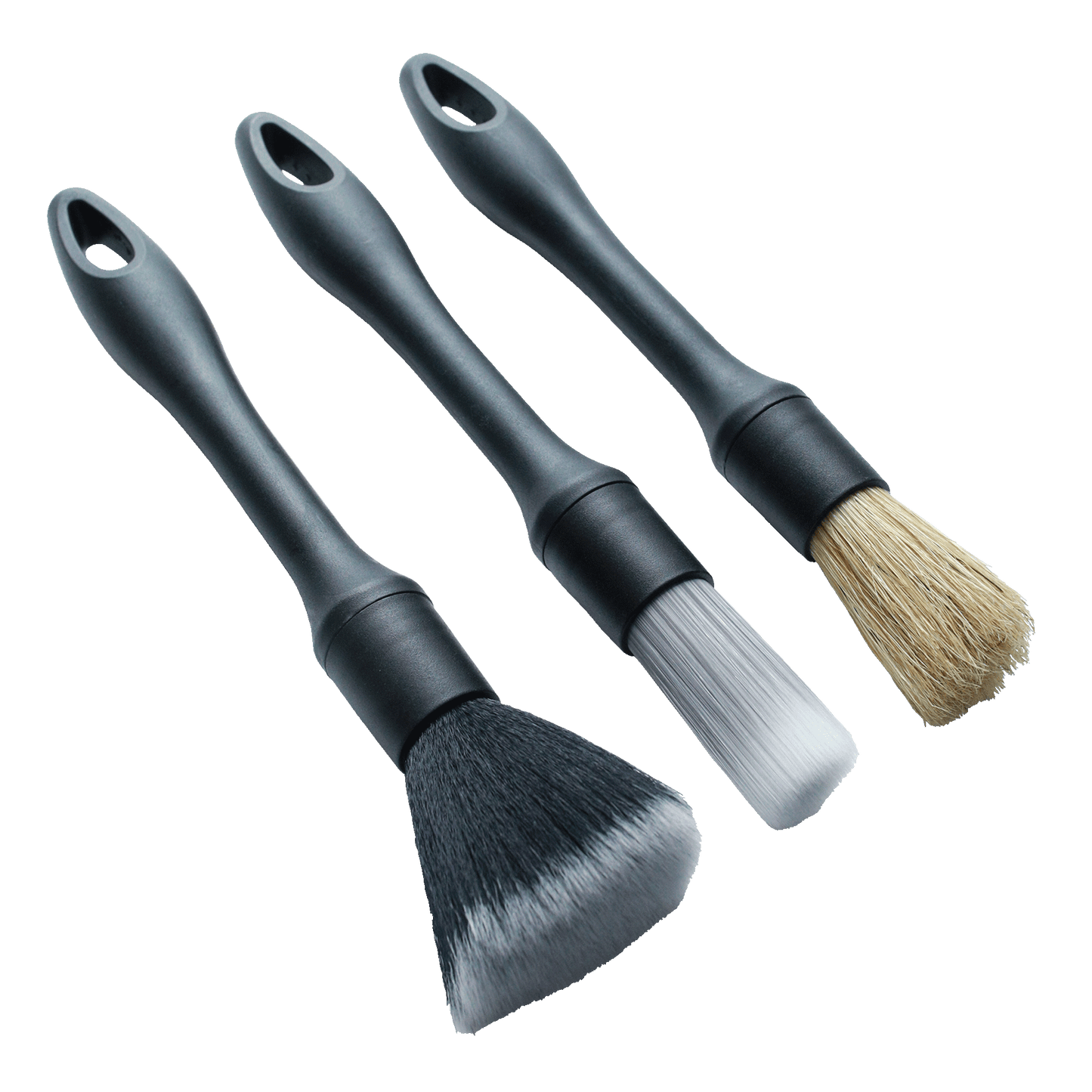 3 car detailing brushes on a white background